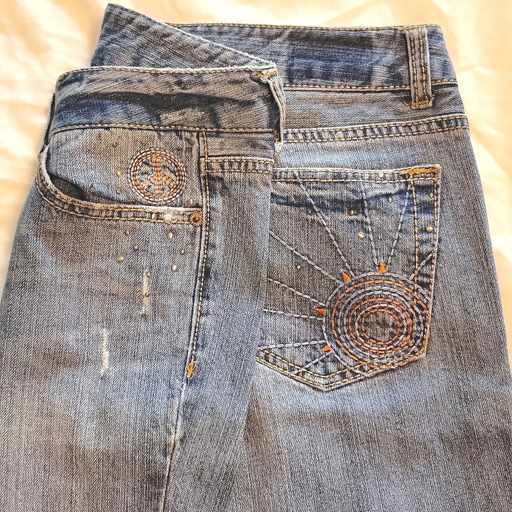 Aeropostale Vintage Peace Sign & Sun Chelsea Skinny Bootcut Jeans ☮️🌞